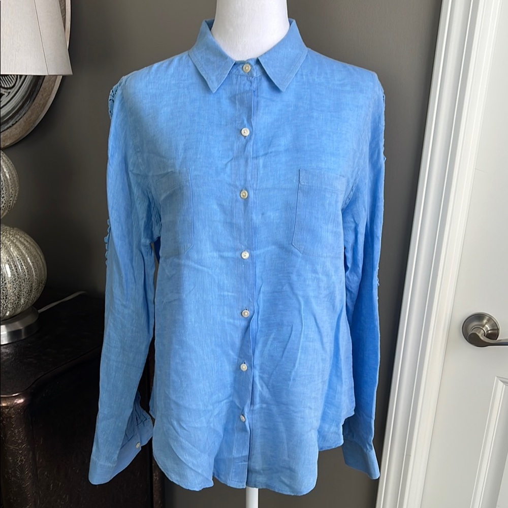 Lilly Pulitzer Sea View Light Blue Button-Down Linen Shirt Embroidered Detail